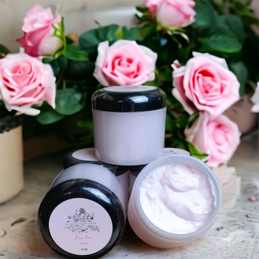 Photo of jars of Dewy Rose Body Lotion by Enchanted Gardens Soapery.