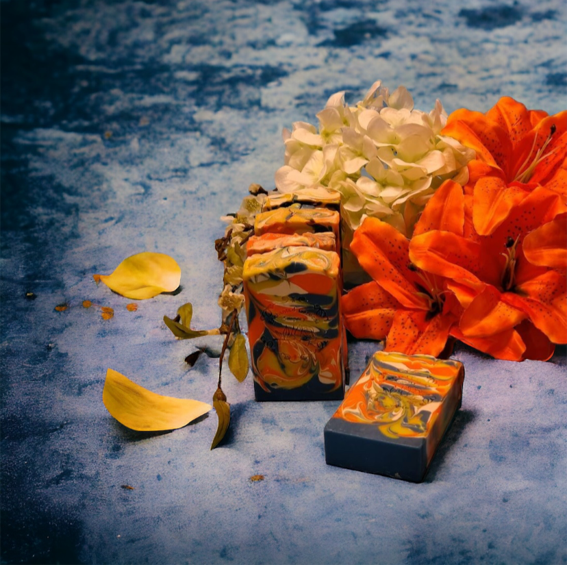 A colorful bar of soap with a 'Caribbean Orchid' theme, displayed in a smartphone screen, indicating a vibrant and summery fragrance.