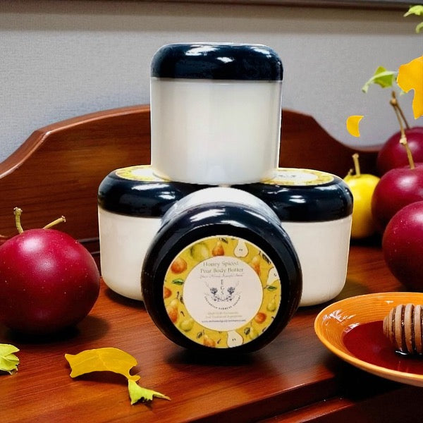 Three jars of Honey Spiced Pear Body Butter from Enchanted Gardens Soapery.