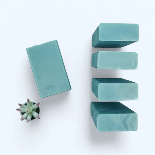 A photo of five bars of handmade bar soaps for men from Enchanted Gardens Soapery.