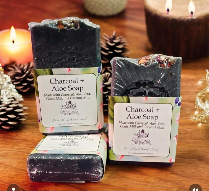 Photograph of charcoal aloe handmade bar soap by Enchanted Gardens Soapery.
