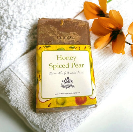 Photo of honey spiced pear handmade bar soap.